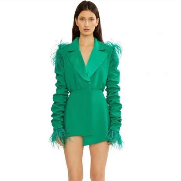Danielle Guizio emerald Green blazer dress with feathers small - Picture 2 of 2